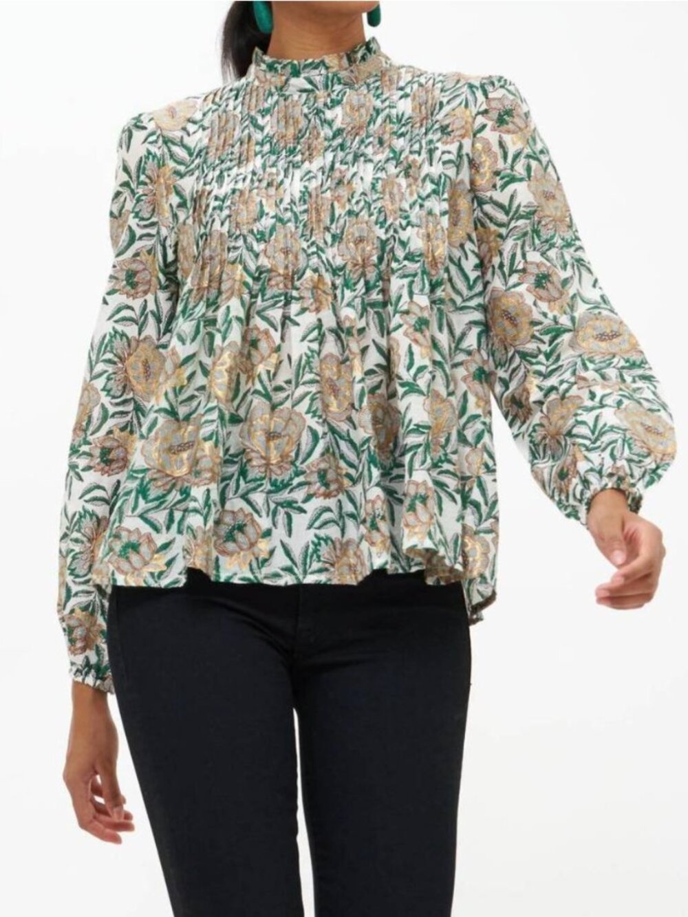 Oliphant White Floral Pintuck Blouse in Green Hedera 100% Cotton